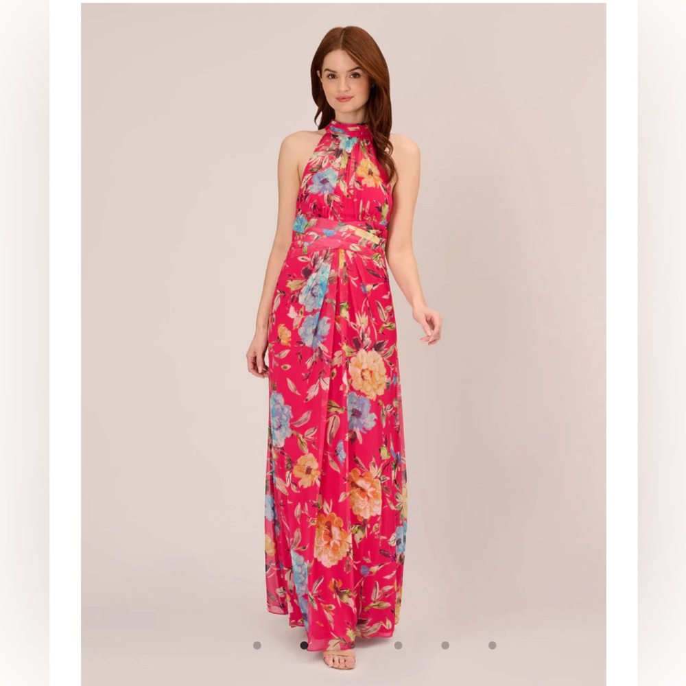 NWT Adrianna Papell Chiffon Halter Gown. Pink floral. Size 4